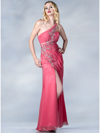 JC120 One Shoulder Beaded Evening Dress - Coral, Front View Medium