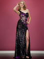 JC13166 One Shoulder Black Sequin and Feather Evening Dress - Black Purple, Front View Thumbnail