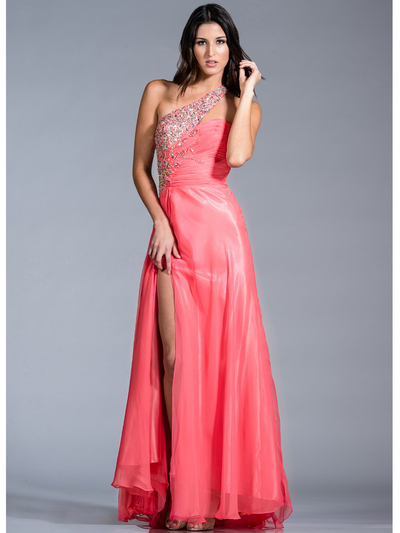JC142 Jeweled and Pleated Prom Dress - Coral, Front View Medium