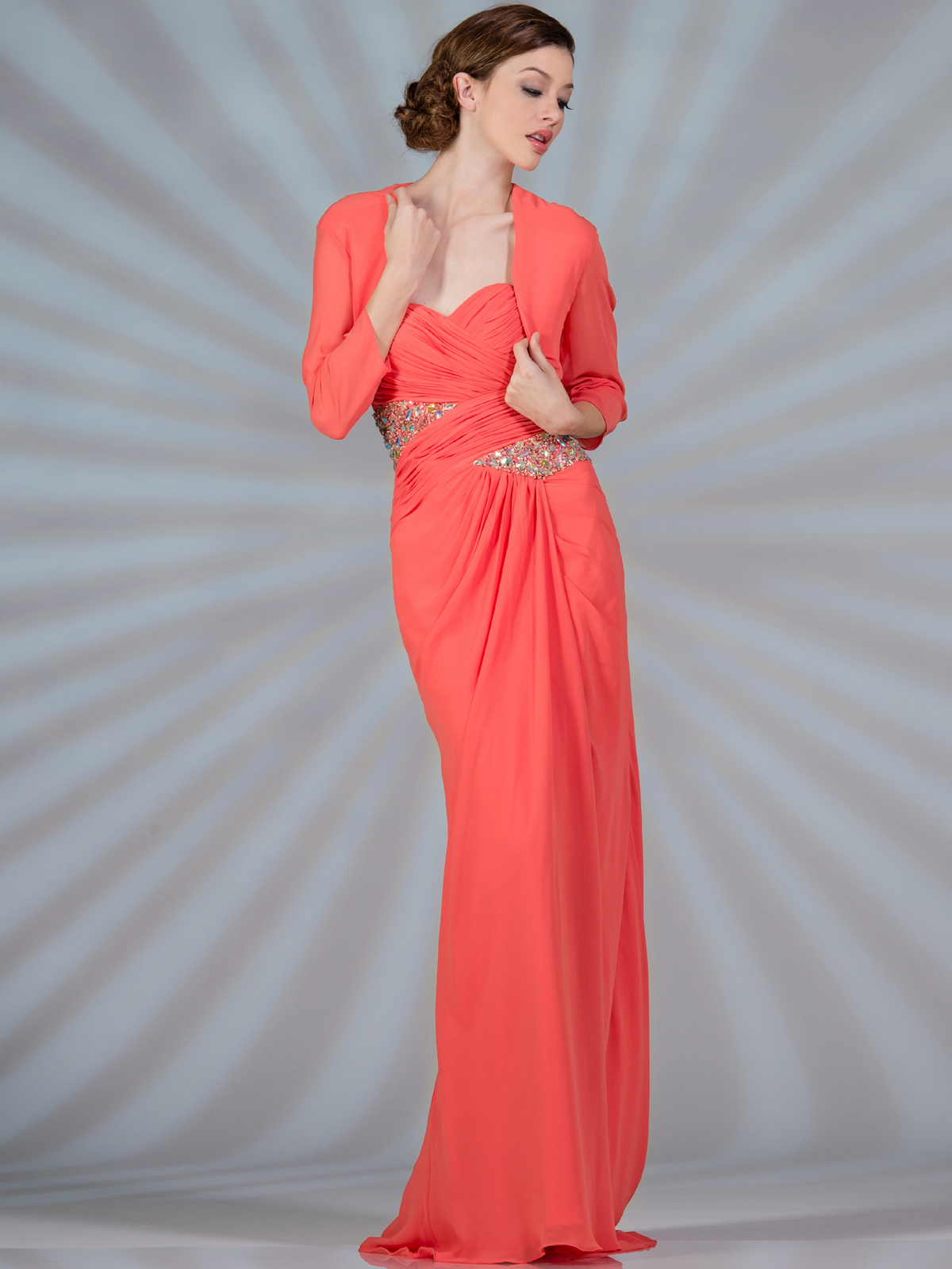 Ruched Jeweled Chiffon Evening Dress with Bolero - Sung Boutique L.A.