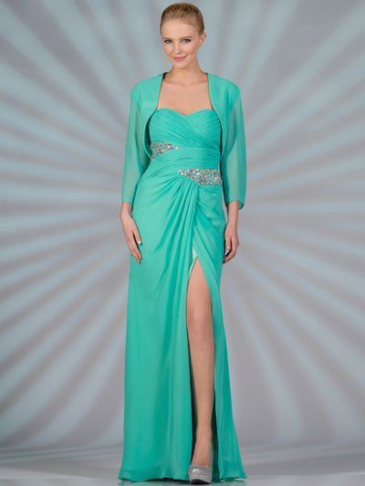 JC2369 Ruched Jeweled Chiffon Evening Dress with Bolero - Mint, Front View Medium