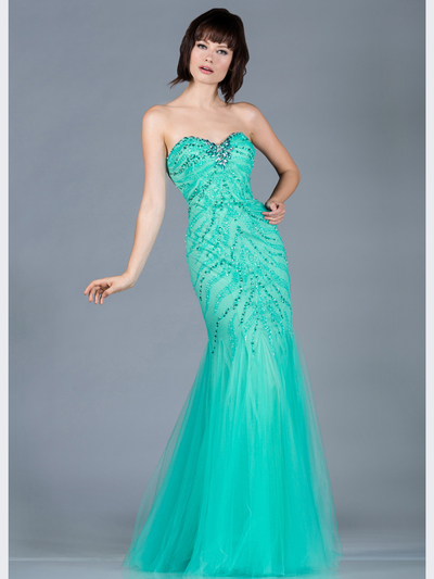 JC2381 Mint Sequin and Bead Mermaid Prom Dress - Mint, Front View Medium