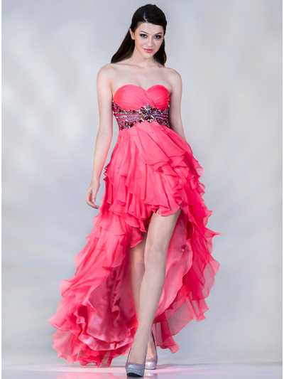 JC2397 Neon Empire Waist High Low Prom Dress - Hot Pink, Front View Medium