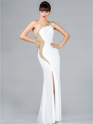 JC2430 Ivory and Gold One Shoulder Prom Dress, Ivory Gold