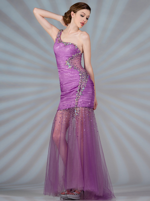 JC2453 One Shoulder Mesh Cut Out Evening Dress, Light Purple