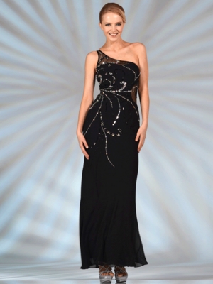 JC2501 One Shoulder Black Formal Evening Dress, Black
