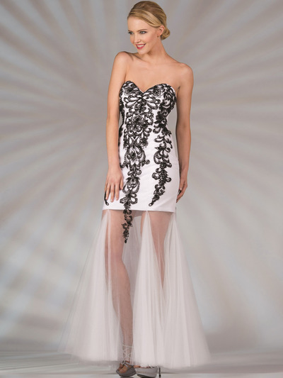 JC2511 Sweetheart Strapless Embroidery Evening Dress - Black White, Front View Medium