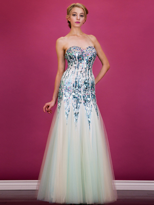 JC2555 Sequined Overlay Trumpet Prom Gown, Nude Mint