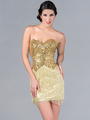 JC302 Gold Sequin and Fringe Cocktail Dress - Gold, Front View Thumbnail