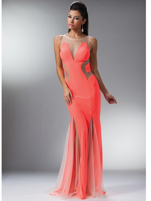 JC3200 Mesh and Cut-out Evening Dress, Neon Pink