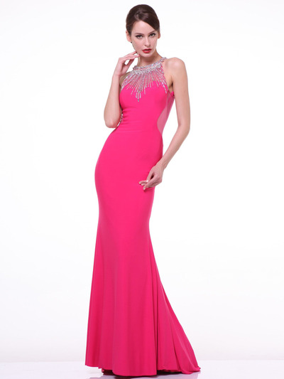 JC4179 Encrusted Halter Neck Formal Dress with Back Panel - Fuchsia, Front View Medium