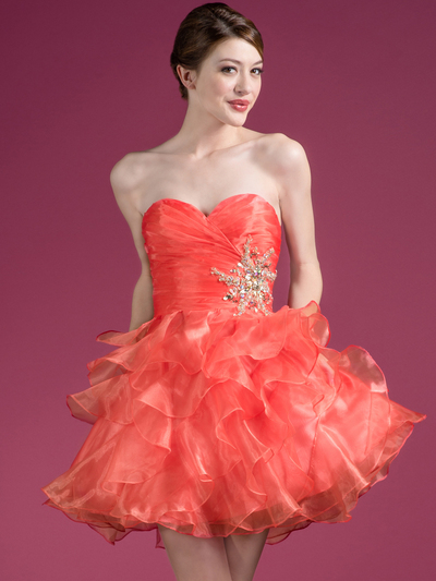 JC822 Sweetheart Layered Cocktail Dress - Coral, Front View Medium