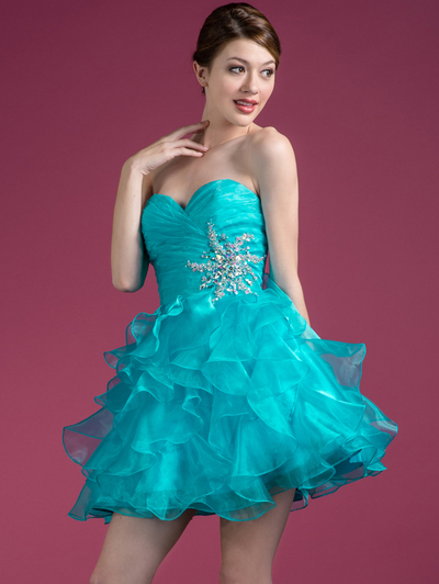JC822 Sweetheart Layered Cocktail Dress - Turquoise, Front View Medium