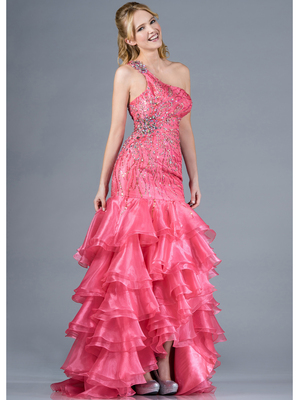 JC831 One Shoulder Sequin and Jewels Prom Dress, Coral