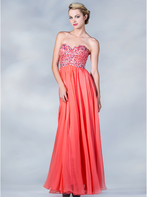 JC862 Jeweled Bodice Evening Dress, Coral