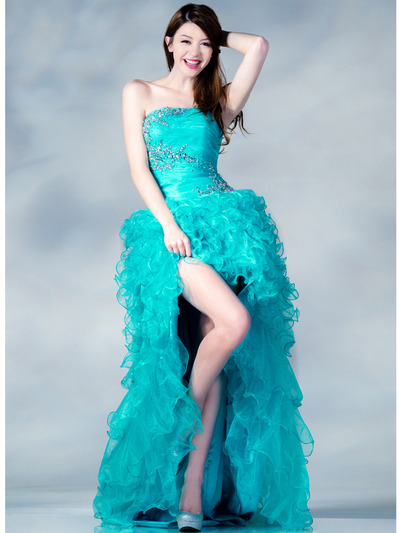 JC867 Layered Mesh High Low Prom Dress - Aqua, Front View Medium