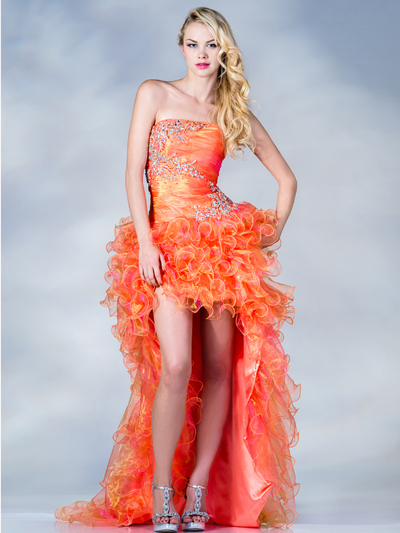 JC867 Layered Mesh High Low Prom Dress - Orange, Front View Medium