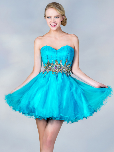 JC870 Jeweled Waist Party Dress - Turquoise, Front View Medium