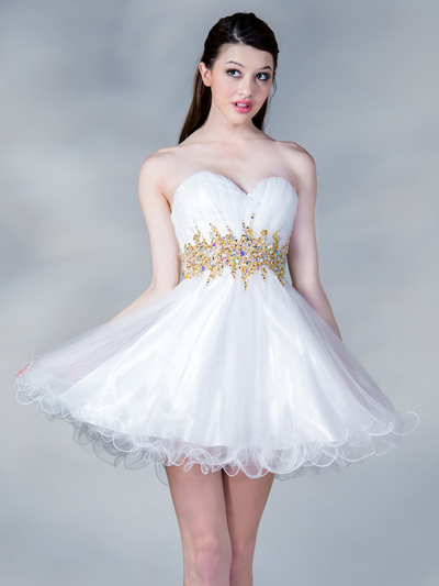 JC870 Jeweled Waist Party Dress - White Gold, Front View Medium