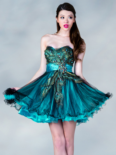JC882 Peacock Cocktail Dress - Teal, Front View Medium