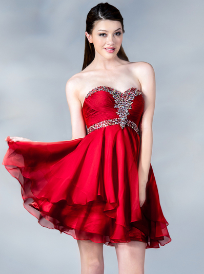 JC889 Beaded Chiffon Cocktail Dress - Red, Front View Medium