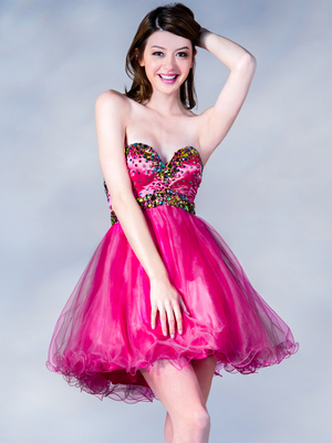 JC894 Multi Color Stone Prom Dress, Fuschia