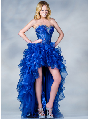 JC895 Floral Embroidered Corset High Low Prom Dress, Royal