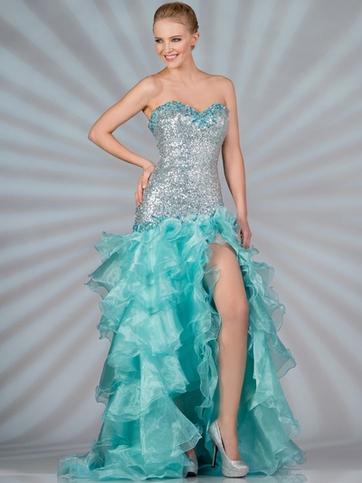 JC9002 Pastel Sequin and Shimmer High Low Prom Dress - Mint, Front View Medium