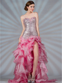 JC9002 Pastel Sequin and Shimmer High Low Prom Dress - Pink, Front View Thumbnail