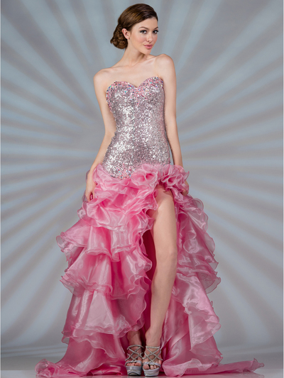 JC9002 Pastel Sequin and Shimmer High Low Prom Dress - Pink, Front View Medium