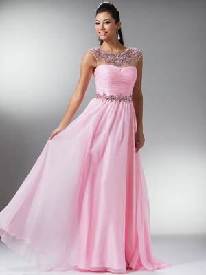 JC919 Illusion Neckline Ruch Bodice Prom Dress, Pink