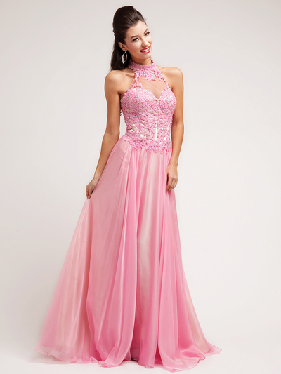 JC923 Floral Embroidered Bodice Halter Prom Dress - Pink, Front View Medium