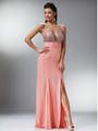 JC927 Floral Embroidered Bodice Halter Prom Dress - Peach, Front View Thumbnail