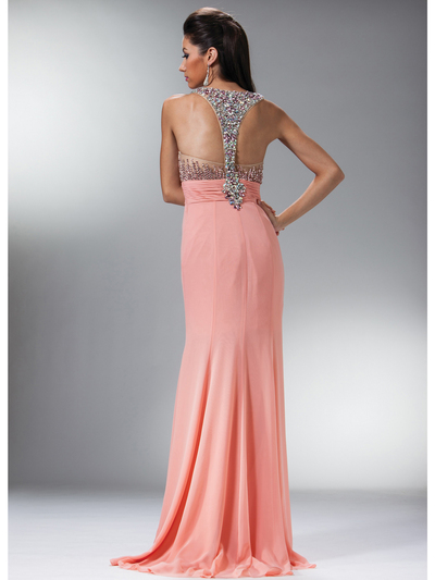 JC927 Floral Embroidered Bodice Halter Prom Dress - Peach, Back View Medium