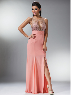JC927 Floral Embroidered Bodice Halter Prom Dress, Peach