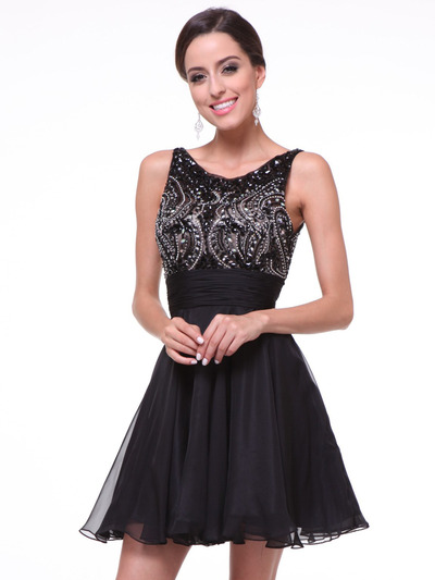 JC940 Beaded Sleeveless Short Prom Dress        - Black, Front View Medium