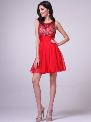 JC940 Beaded Sleeveless Short Prom Dress       , Red