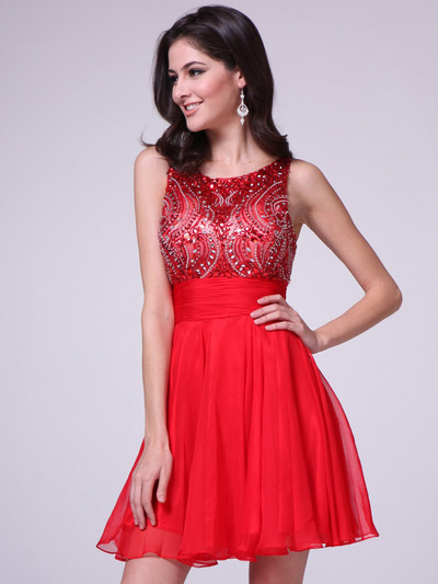 JC940 Beaded Sleeveless Short Prom Dress        - Red, Alt View Medium