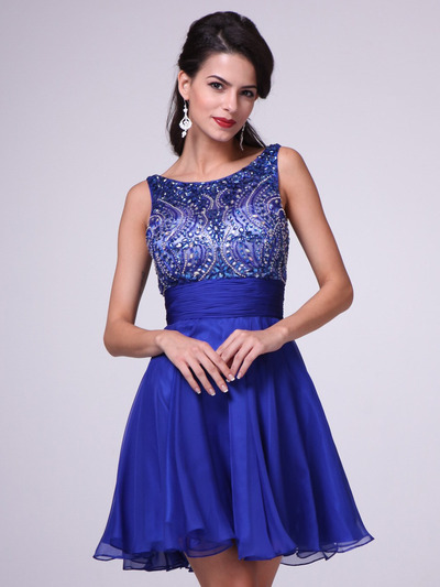 JC940 Beaded Sleeveless Short Prom Dress        - Royal Blue, Front View Medium
