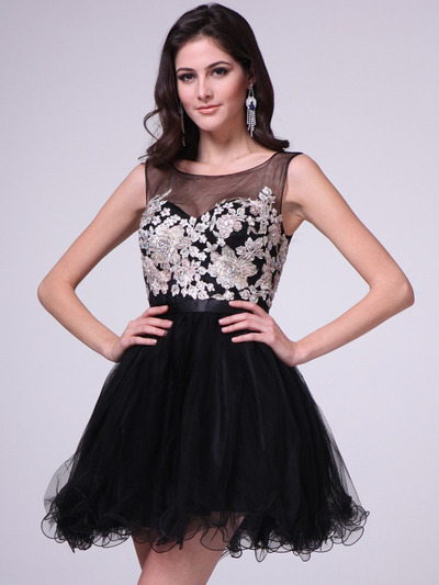 JC941 Embroidery Illusion Sweetheart Short Prom Dress    - Black, Front View Medium