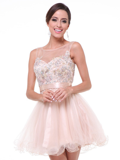JC941 Embroidery Illusion Sweetheart Short Prom Dress    - Champagne, Front View Medium