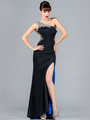 K1011 Black Jeweled One Shoulder Evening Dress - Black, Front View Thumbnail