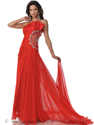 K21116 Red Chiffon Evening Dress with Sheer Panel, Red