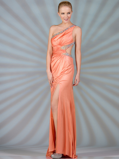 K5234 One Shoulder Jeweled Cut Out Prom Dress - Coral, Front View Medium