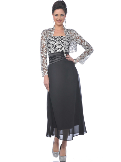 M1007 Black/Silver MOB Evening Dress with Lace Bolero - Black Silver, Front View Medium