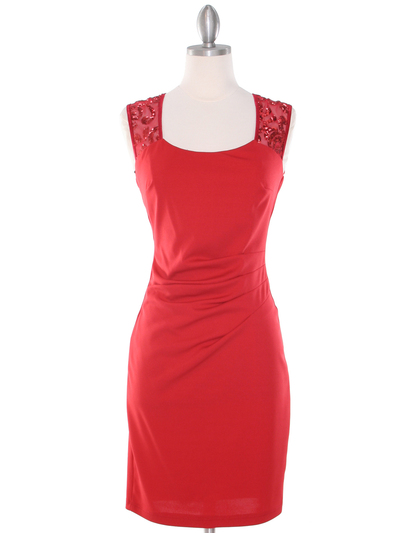 MB6116 Sequin Back Cocktail Dress - Red, Front View Medium