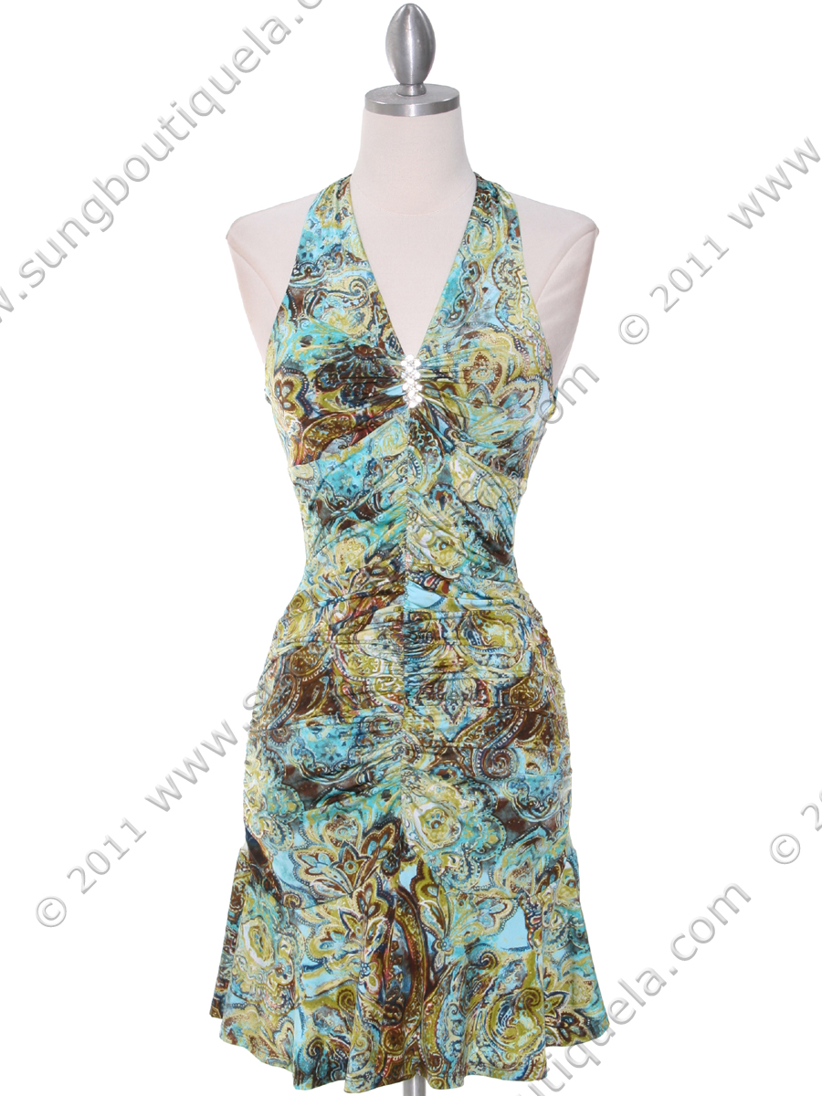 OD30153 Green Print Halter Casual Dress - Front Image