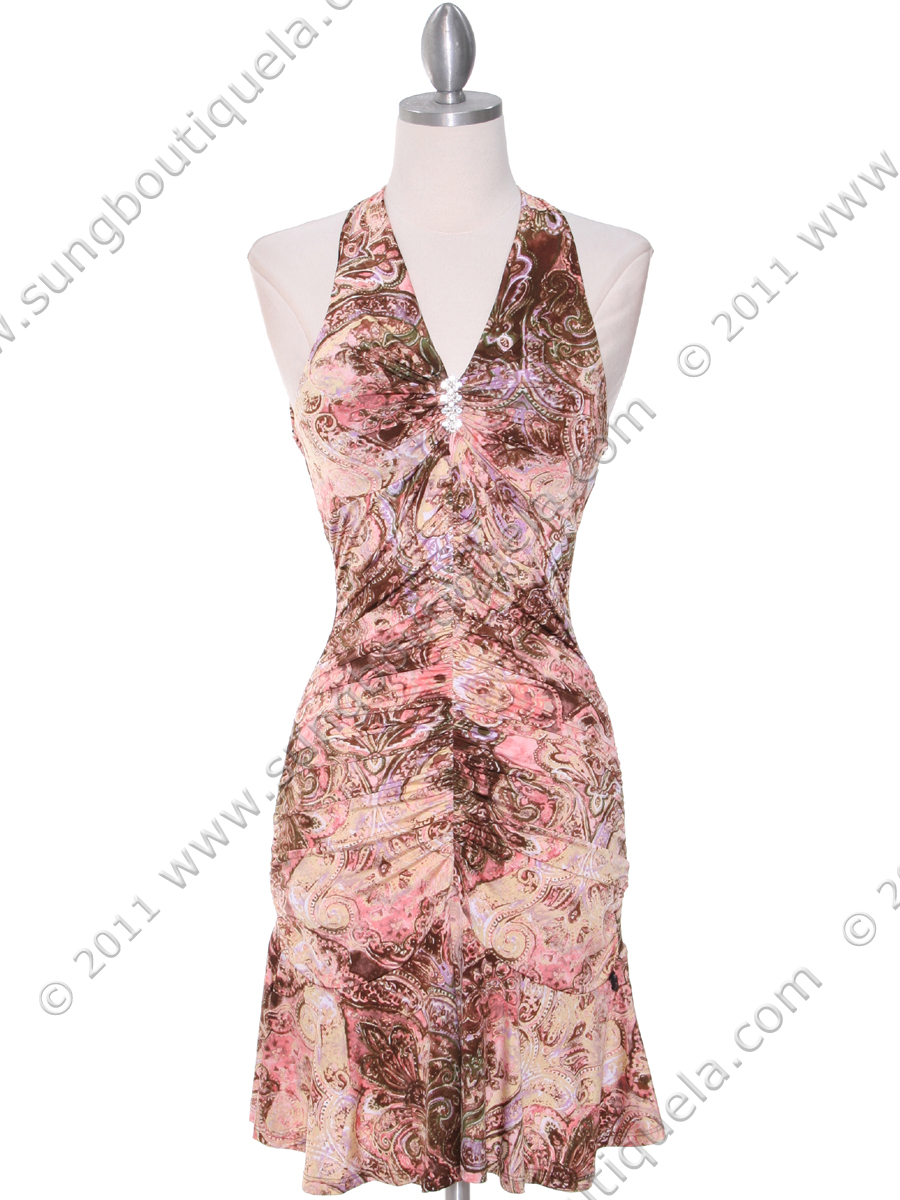 OD30153 Brown Print Halter Casual Dress - Front Image