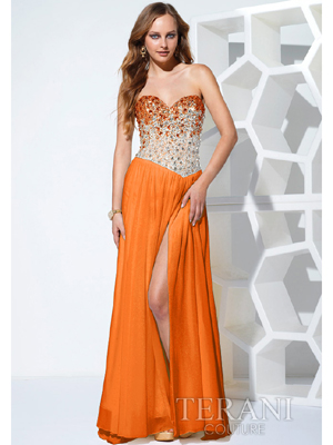 P1507 Jeweled Dual Tone Prom Dress with Slit, Orange