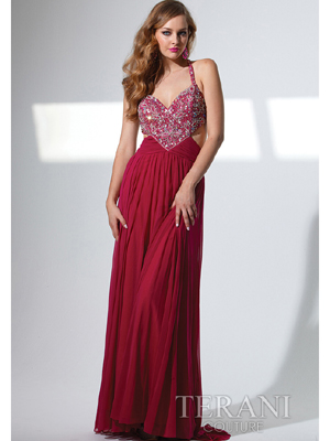 P1509 Jewel Embellished Chiffon Long Prom Dress By Terani, Cranberry